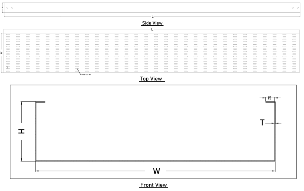 Ilustrasi teknis kabel tray type C dengan sayap penguat dan tampilan dimensi W, H, T dari berbagai sudut