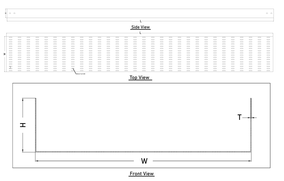Ilustrasi teknis kabel tray type U dengan tampilan Side View, Top View, dan Front View beserta dimensi W, H, dan T